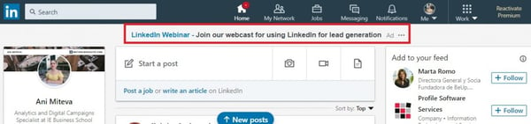Text ads at the top of LinkedIn feed